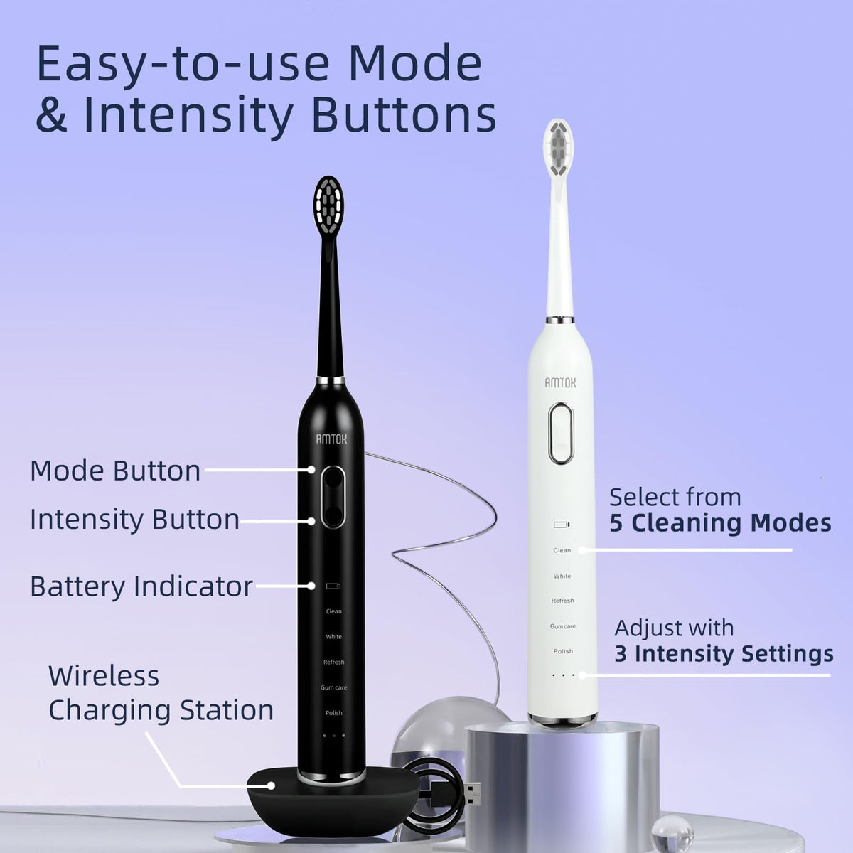 CWX Sonic Rechargeable Electric Toothbrush, Cordless with Fast Wireless Charging, 5 Cleaning Modes & 3 Intensity, 60-Day
