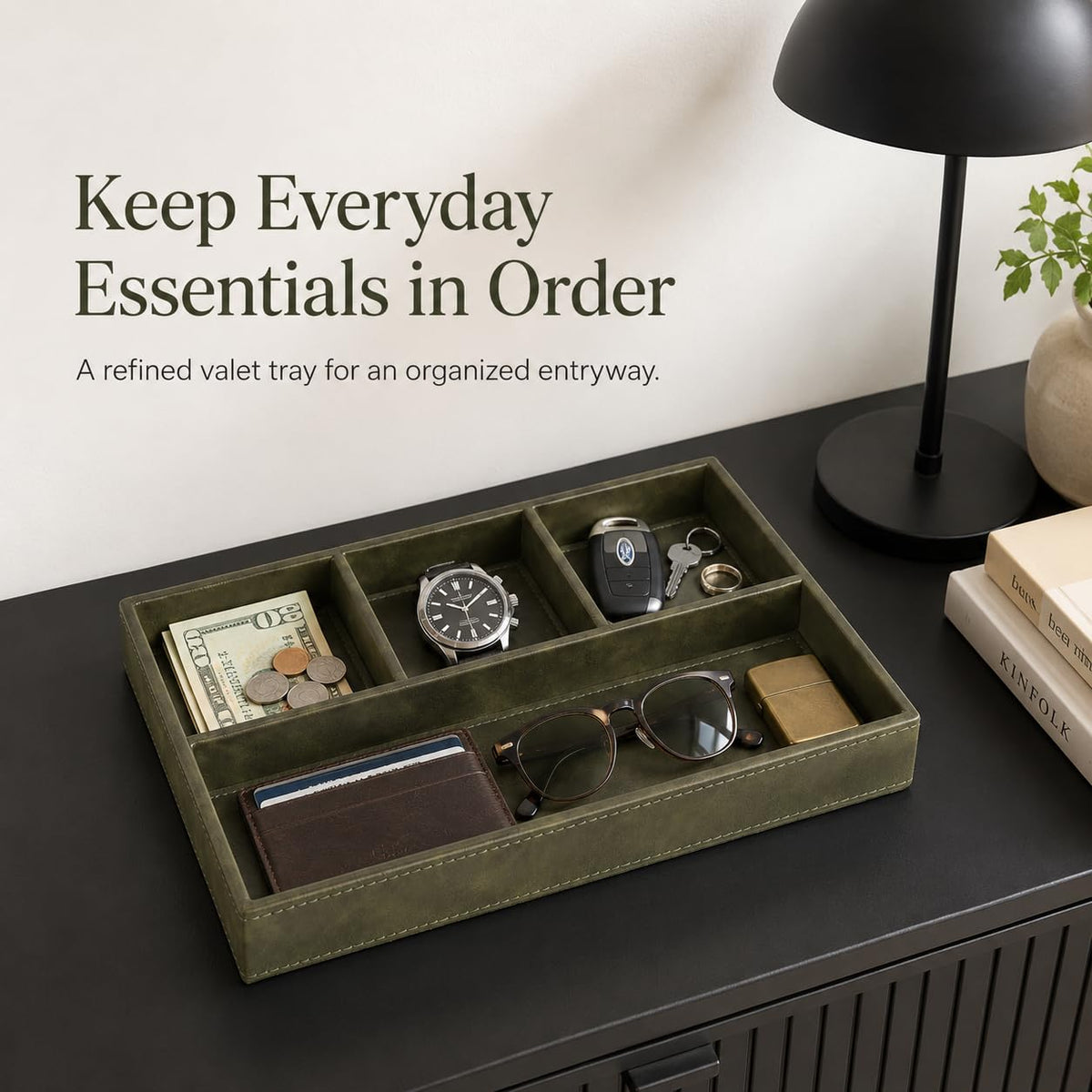 GORESE Valet Tray for Men, Leather Tray EDC Desk Organizer, Olive Green – back view and specifications