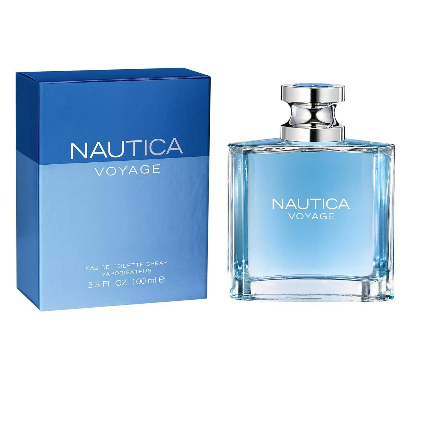 Nautica Voyage men's eau de toilette bottle, 3.3 fl oz, with navy blue packaging and Nautica branding, on a white background.