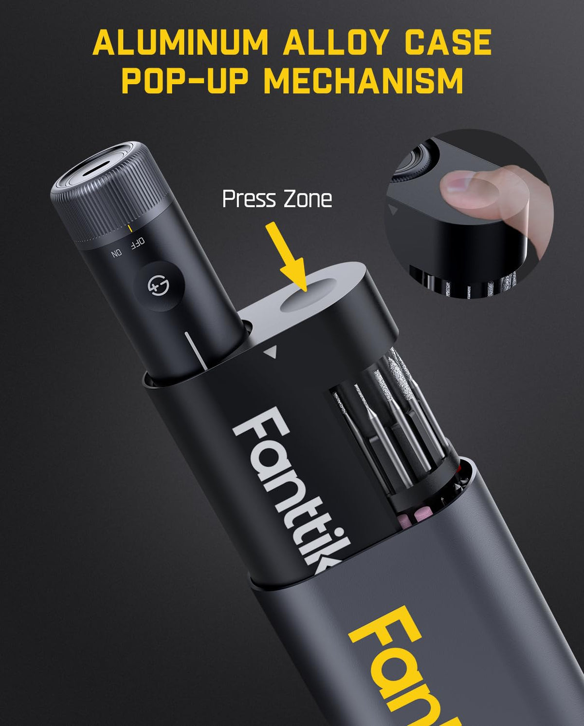 Fanttik F2 PRO Cordless Rotary Tool Kit with Strong Magnetic Motor 5 Speed – back view and specifications