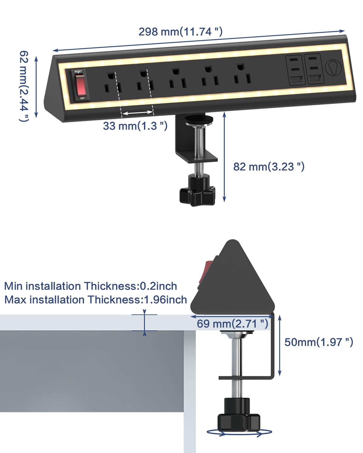 NYYTGE Desk Clamp Power Strip with Nightlight, 40W Fast Charging, 6FT Extension Cord, 4x20W USB-C & 2 USB Ports, 5 AC Ou