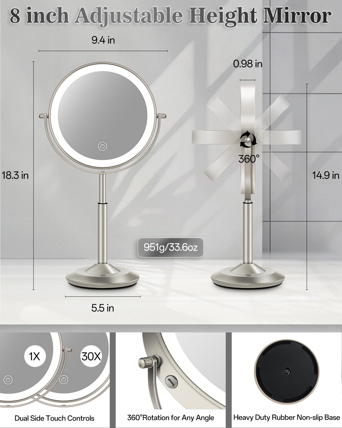 vpu 8" Lighted Makeup Mirror with Light,30X Magnifying Height Adjustable Mirror – Brushed Nickel, Aluminum+Metal