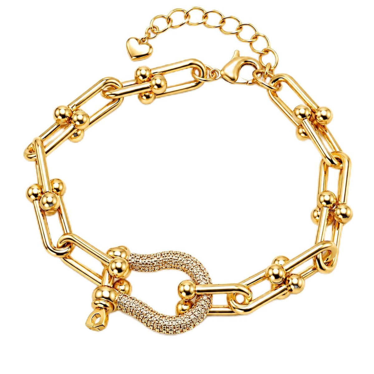 818 Charms Chunky U-Link Bracelet, 18K Gold PVD,CZ Horseshoe Carabiner – Gold