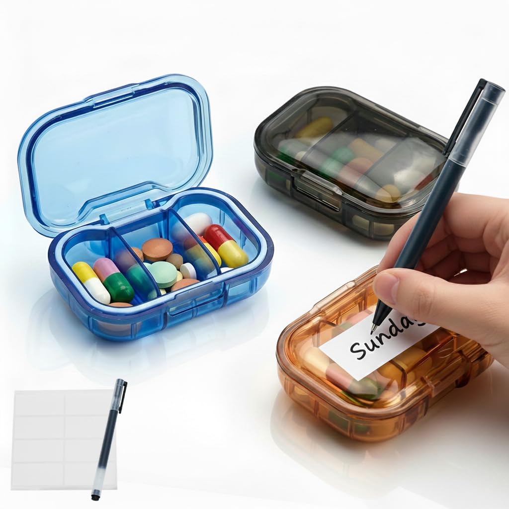 3 Pack 3 Compartment Small Pill Box, Portable Pill Case for - Product Imagery