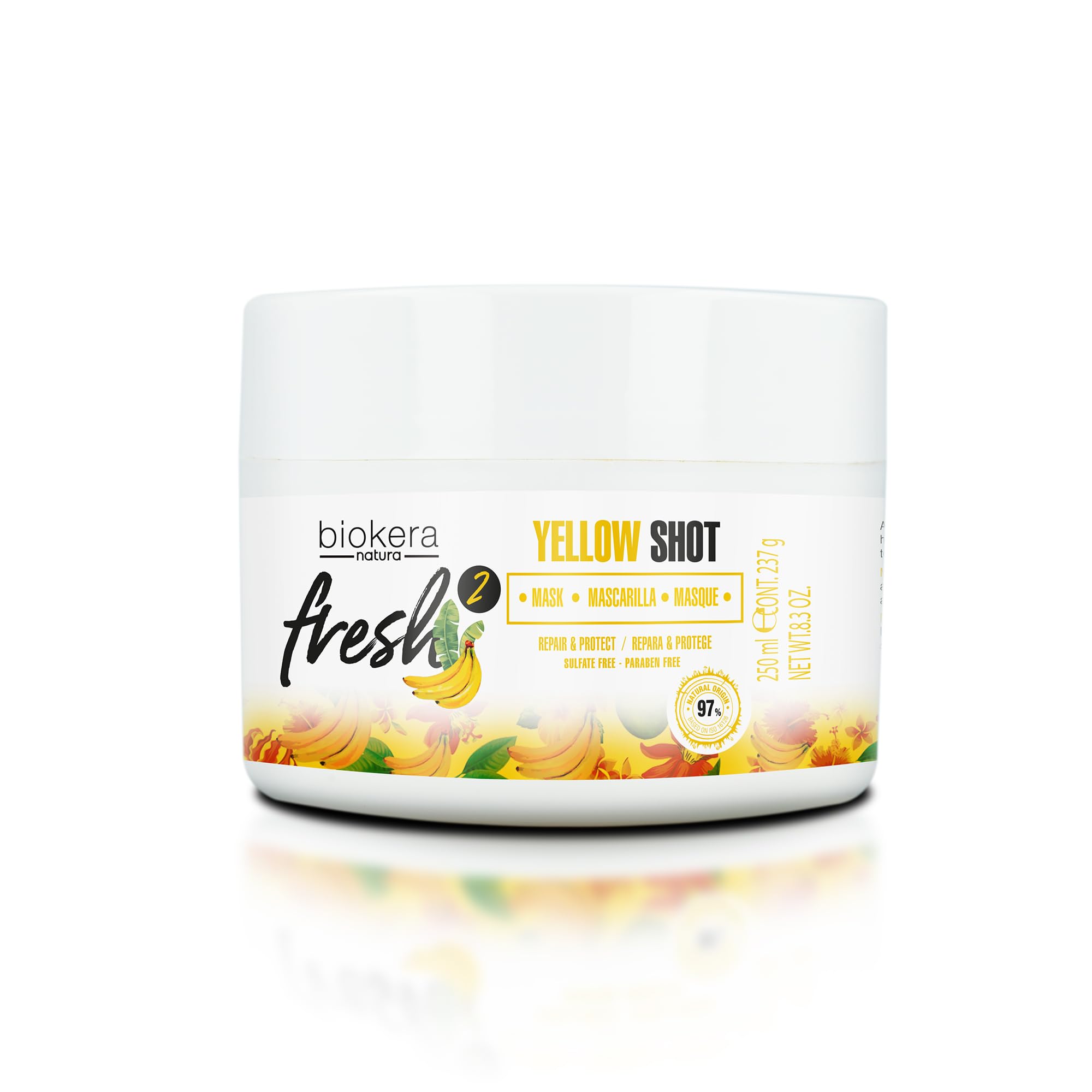 Salerm Biokera Fresh Yellow Shot hair mask conditioner in a 250ml jar, with vibrant yellow packaging and smooth texture visible.