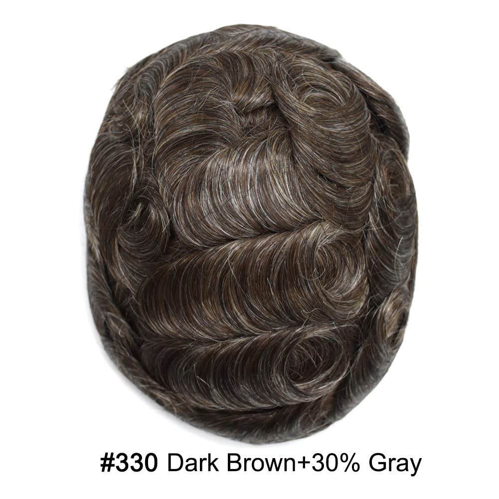 Curve Hair Mens Toupee Human Hair Piece Replacement System Monofilament Wig Hair Unit for Men Durable Poly Coated Mens Hairpiece (#330 Dark Brown+30% Gray, 7"X10")