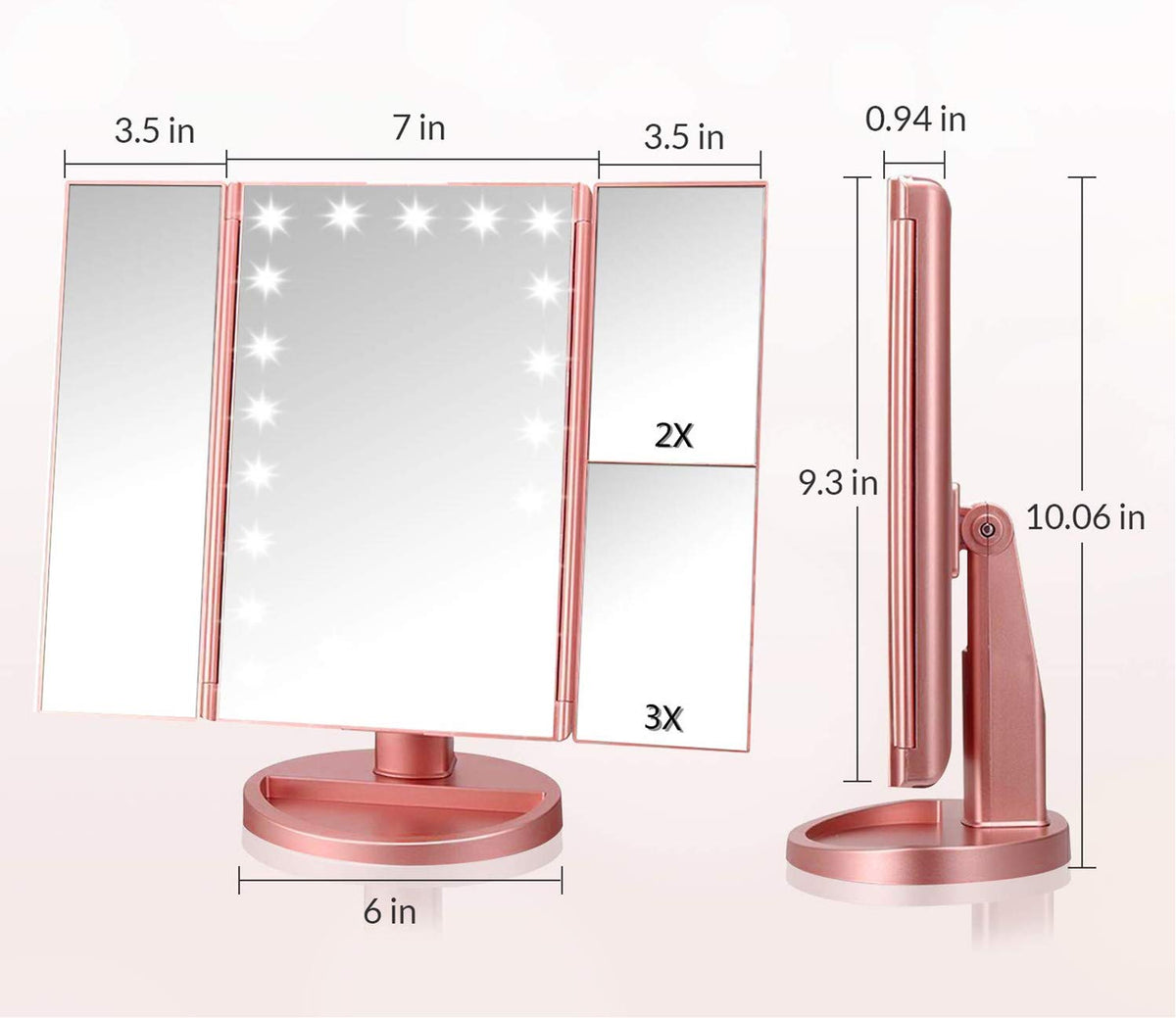 Infitrans Trifold Makeup Mirror Vanity Mirror with Lights,1X 2X 3X Magnification,Touch Control,Adjustable Rotation,Dual 