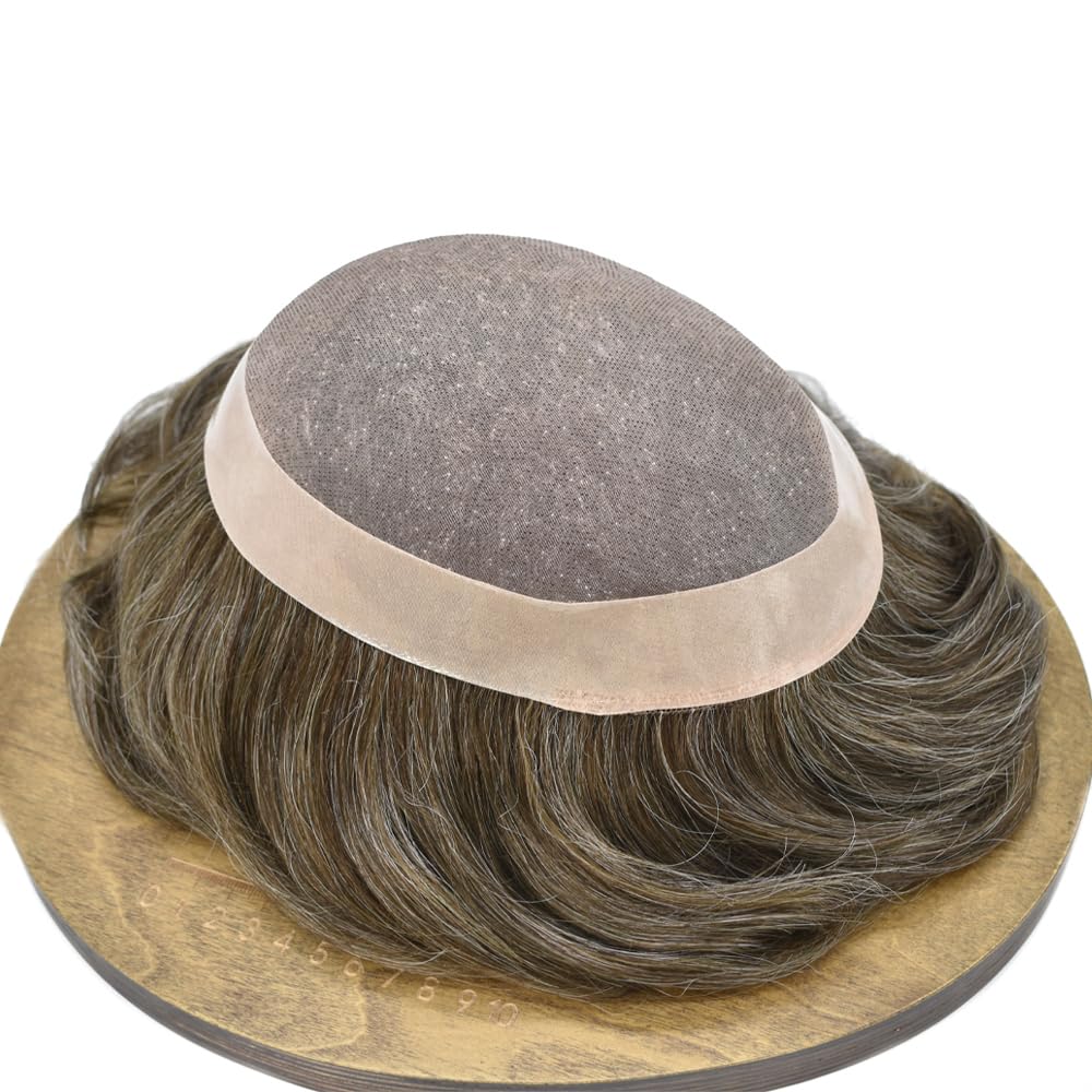 Curve Hair men's toupee made of human hair, light-medium brown with 50% gray, 7x10-inch monofilament wig hair replacement system