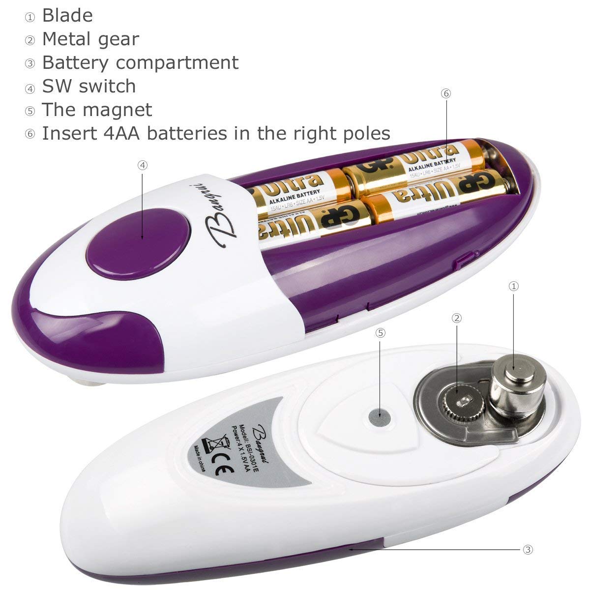 Kitchen Automatic Safety Cordless One Tin Opener&Bangrui Professional Electric Opener.One-touch switch .Smooth can edge.
