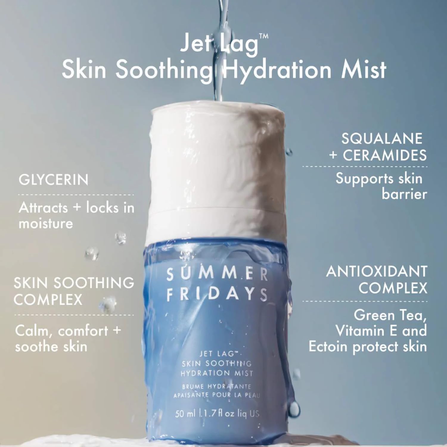 Mini Summer Fridays Jet Lag™ skincare set with Jet Lag™ Mask, eye patches, hydrating serum, and mist in travel size.