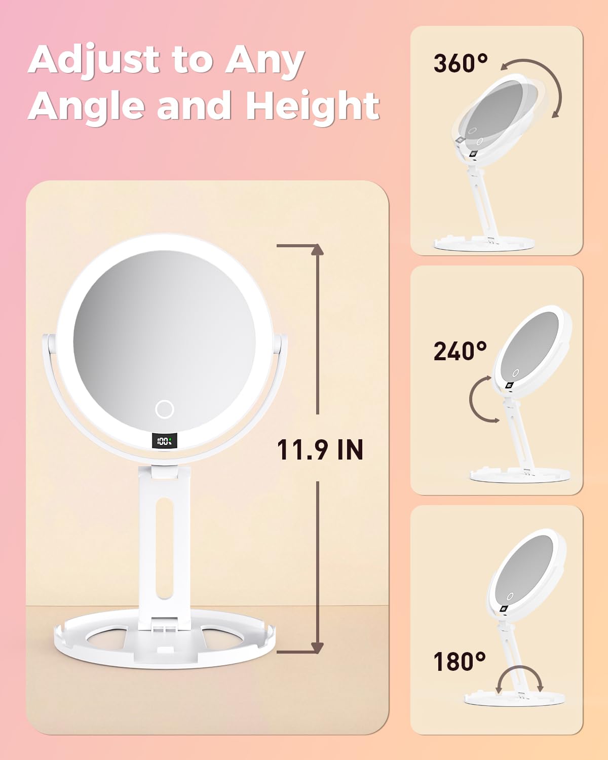 VEXOOX Foldable Travel Makeup Mirror with Light and Magnification, White – packaging and label