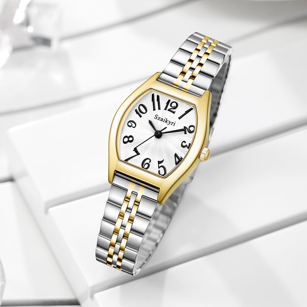 Szaikyri Barrel-Shaped Watch for Women with Easy Read Arabic Numerals Ladies Dress Watch – back view and specifications