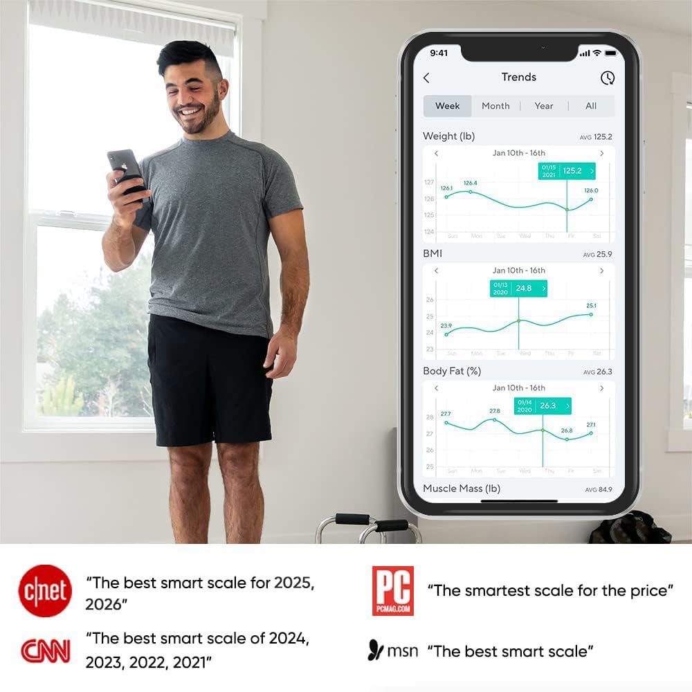 Wyze Smart Scale X digital bathroom scale displaying body weight and fat measurement in black, with a sleek modern design.