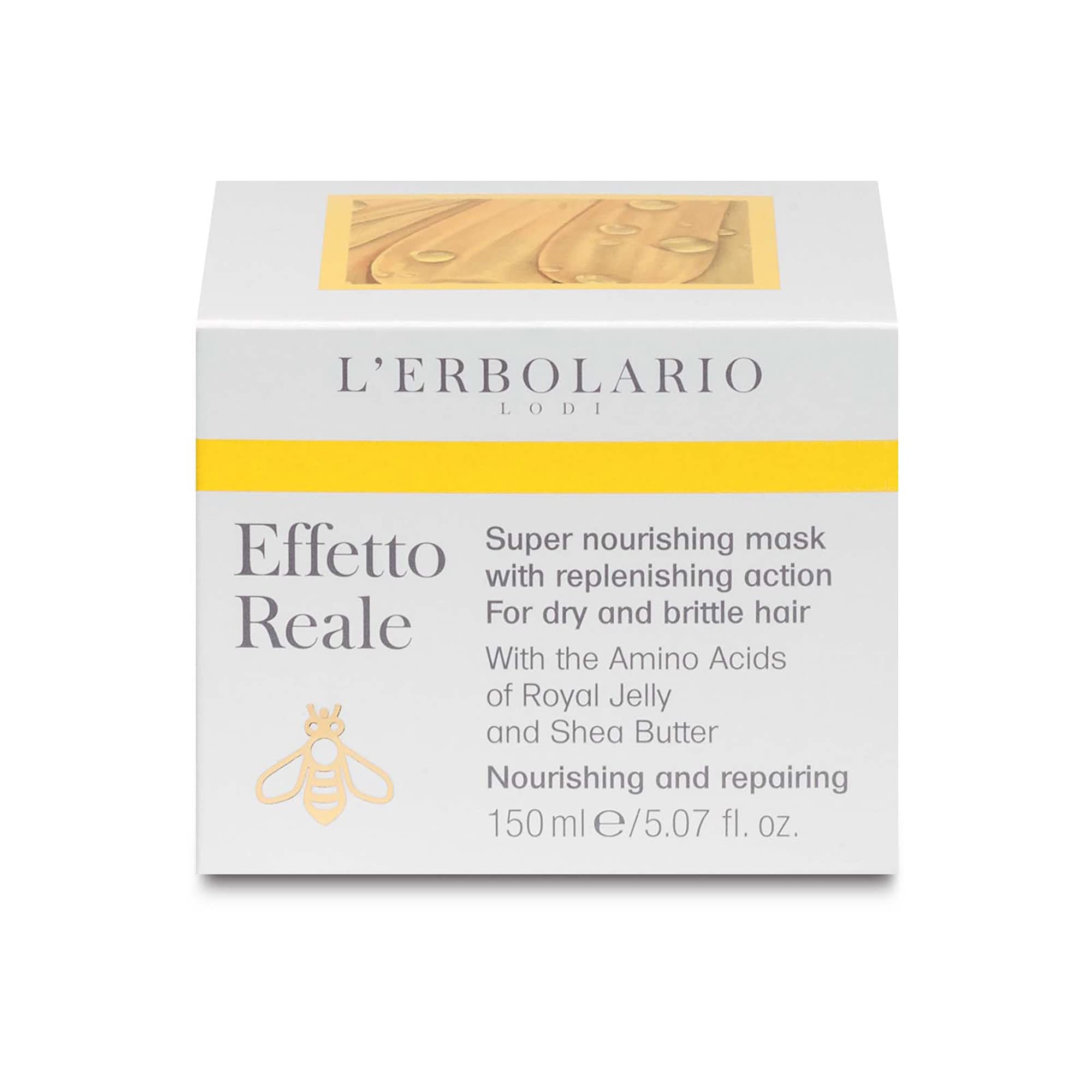 L'Erbolario Effetto Reale nourishing hair mask conditioner restoring damaged dry hair, leaving it strong, radiant, and healthy.