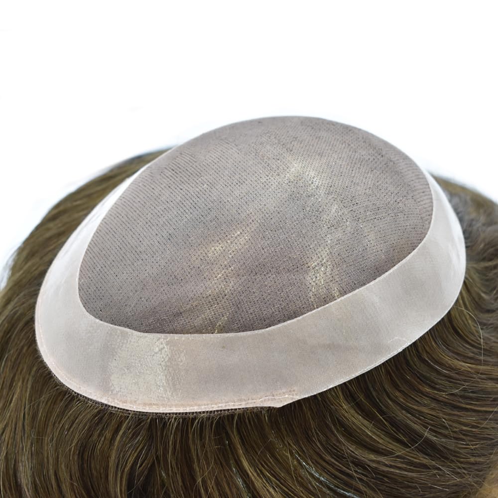 Curve Hair Mens Toupee Human Hair Piece Replacement System Monofilament Wig Hair Unit for Men Durable Poly Coated Mens Hairpiece (#5 Med-light Brown, 5"X7")