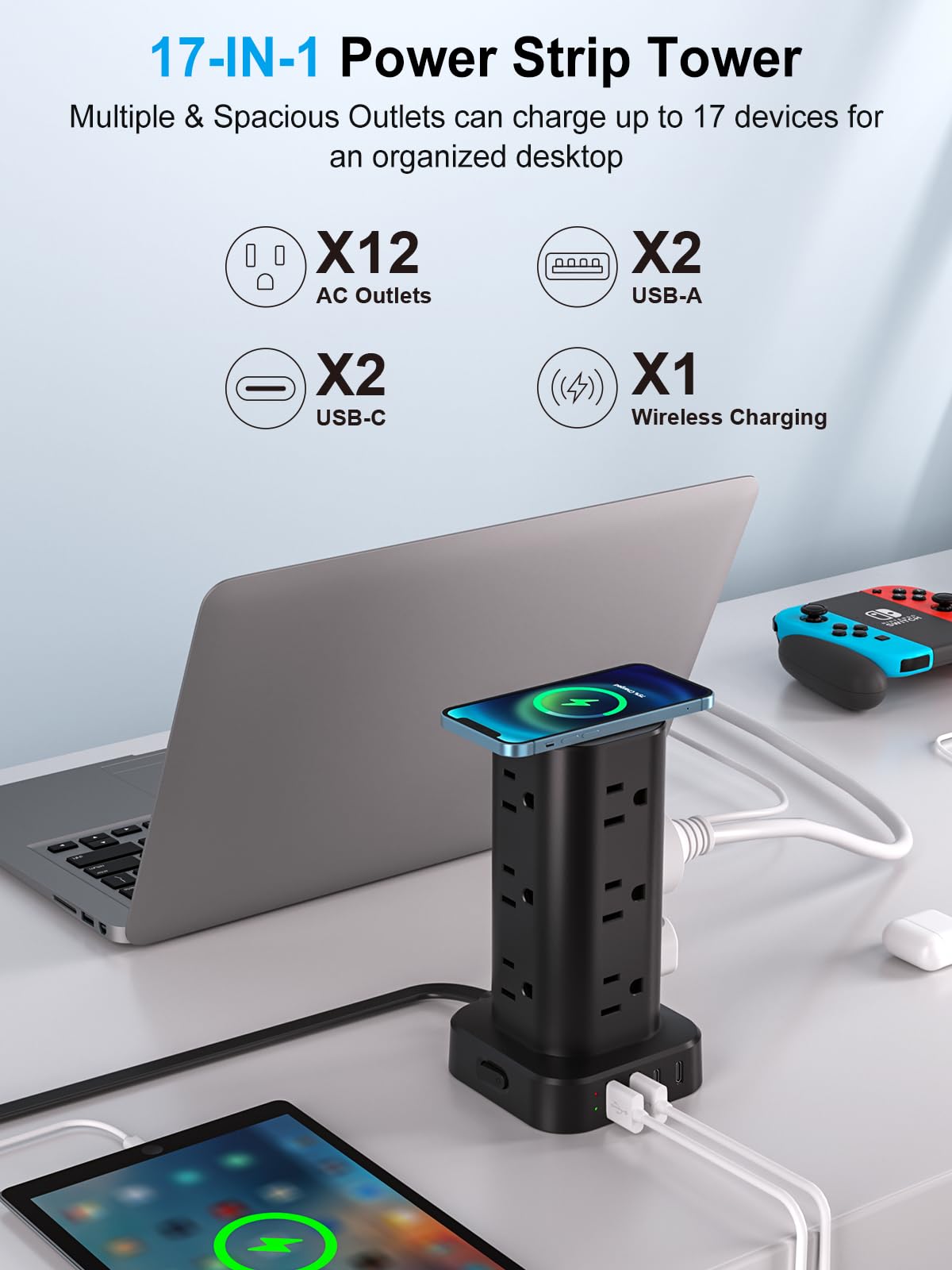 UWIWUTEI 6FT Power Strip Tower with Wireless Charger,Surge Protector with 12 Outlets – Black