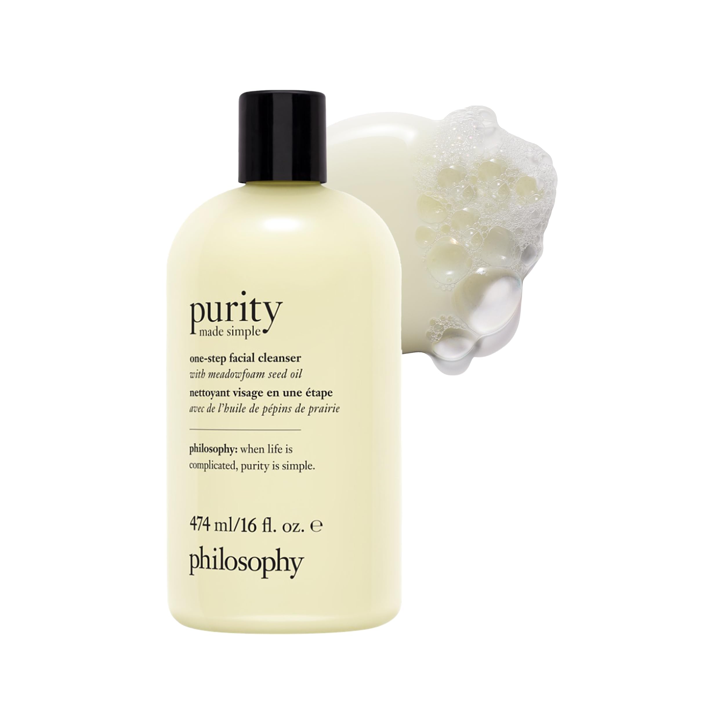 Philosophy Purity Made Simple facial cleanser with meadowfoam seed oil, gently cleanses dirt, oil, and makeup, paraben-free skincare.