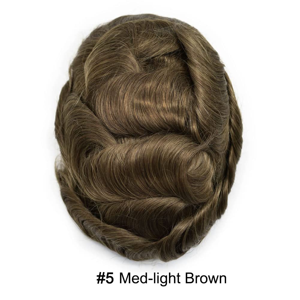 Curve Hair Mens Toupee Human Hair Piece Replacement System Monofilament Wig Hair Unit for Men Durable Poly Coated Mens Hairpiece (#5 Med-light Brown, 5"X7")