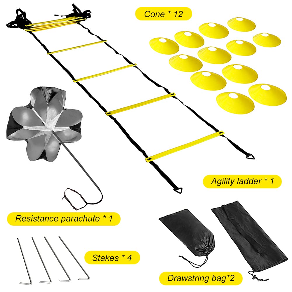 Ejoyous agilitys Ladder, Speed Training Equipment Set Includes 12 Rung 12 Soccer Cones 4 Steel Stakes resistants Parachu
