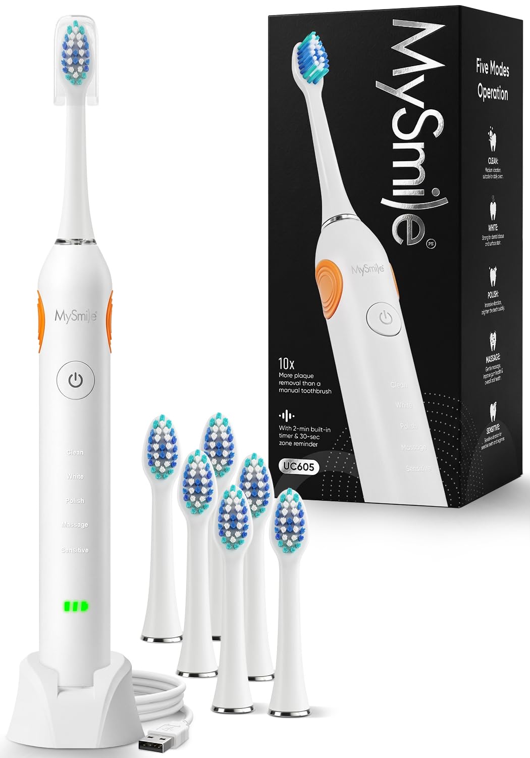 MySmile Electric Toothbrush for Adults, Rechargeable Sonic Electronic Toothbrush with 6 Brush Heads and Travel Case, 2 M