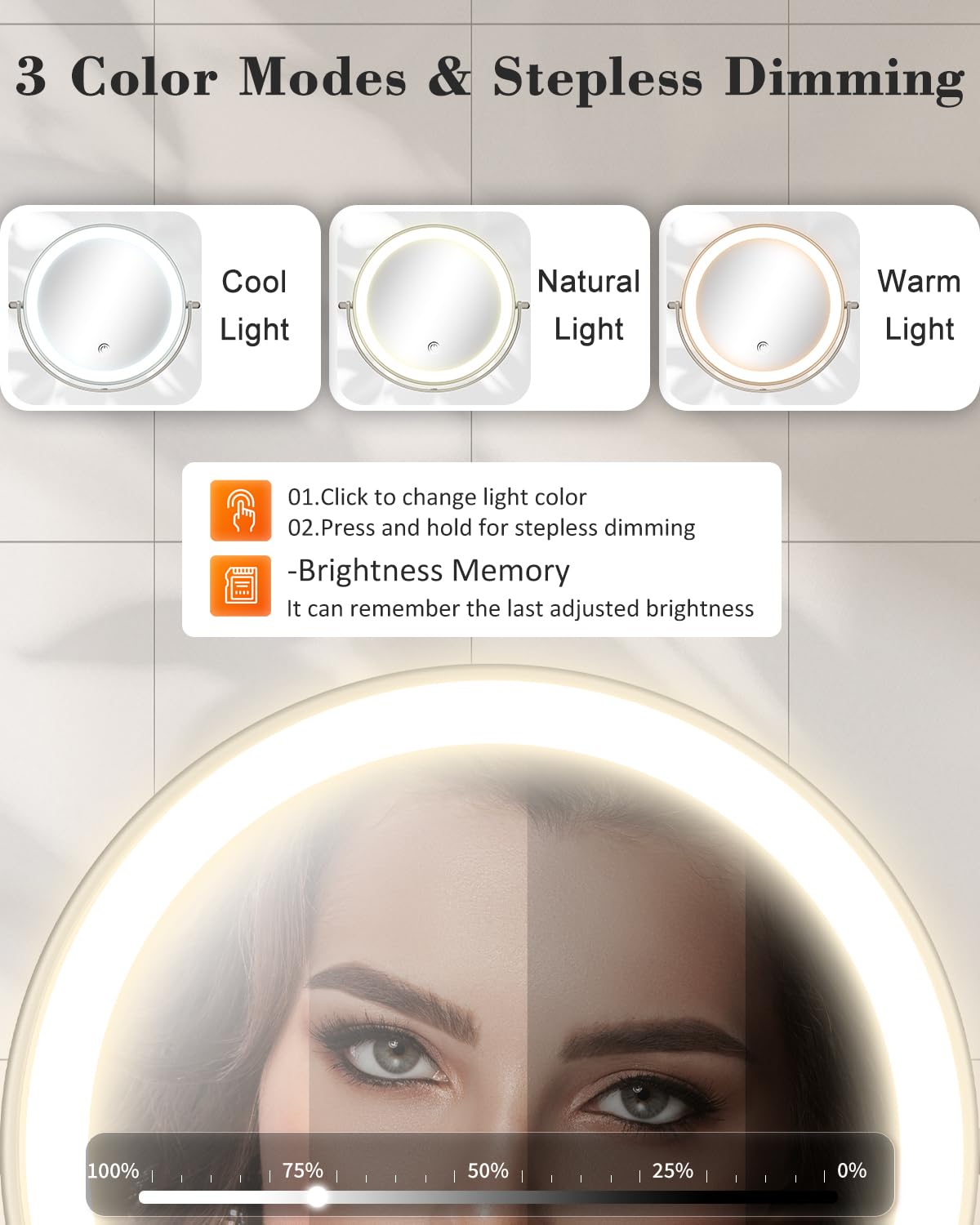 VFD 9'' 30X/1X Wall Mounted Height Adjustable Lighted Magnifying Makeup Mirror – back view and specifications