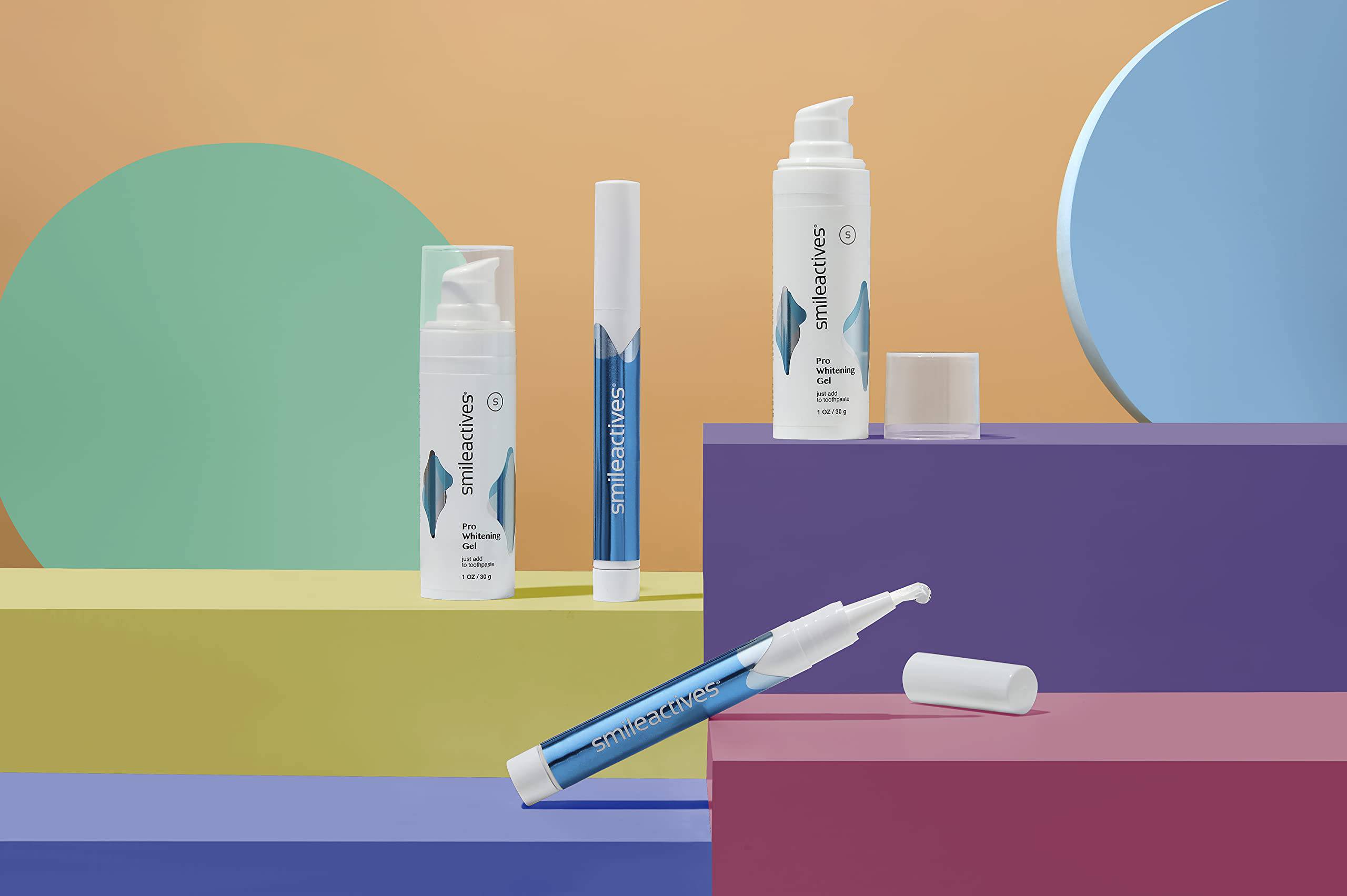 Smileactives teeth whitening kit with whitening gel and applicator for a 60-day teeth whitening treatment.