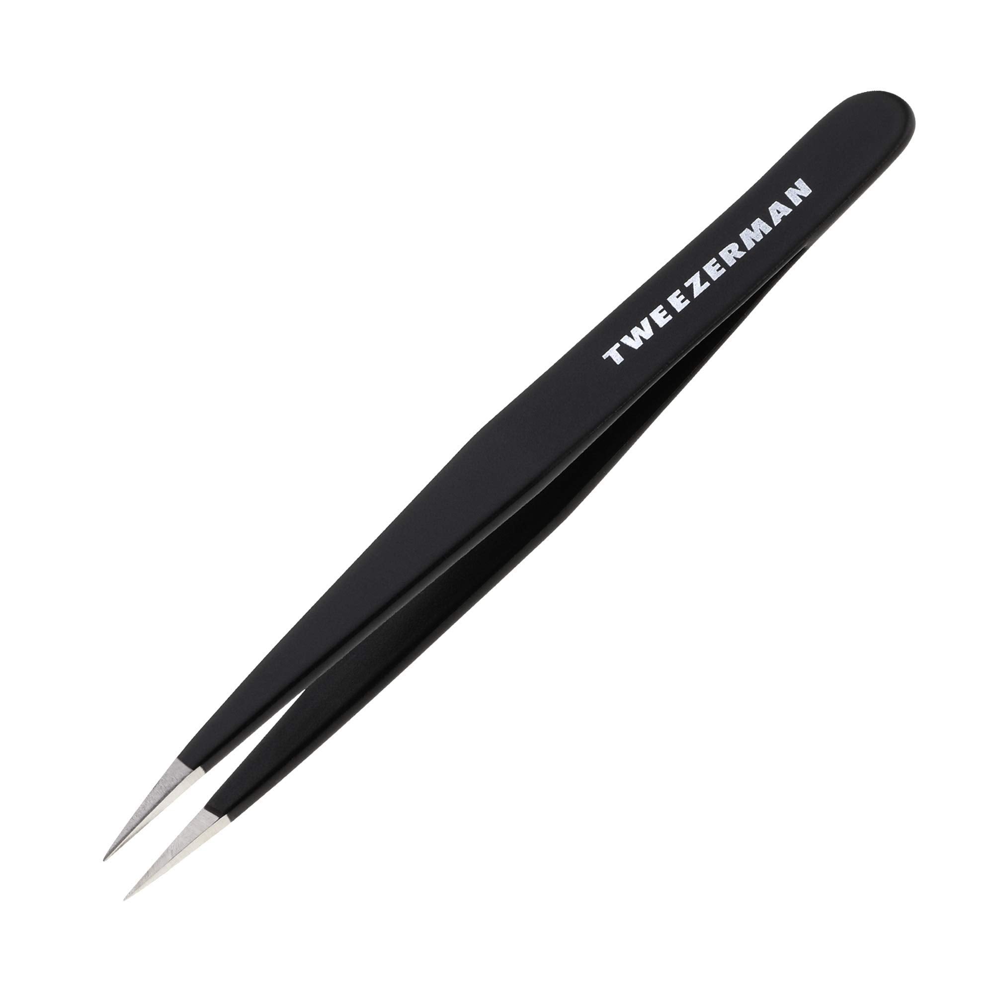 Tweezerman stainless steel point tweezer in assorted colors with precise slant tip for eyebrow shaping and grooming.