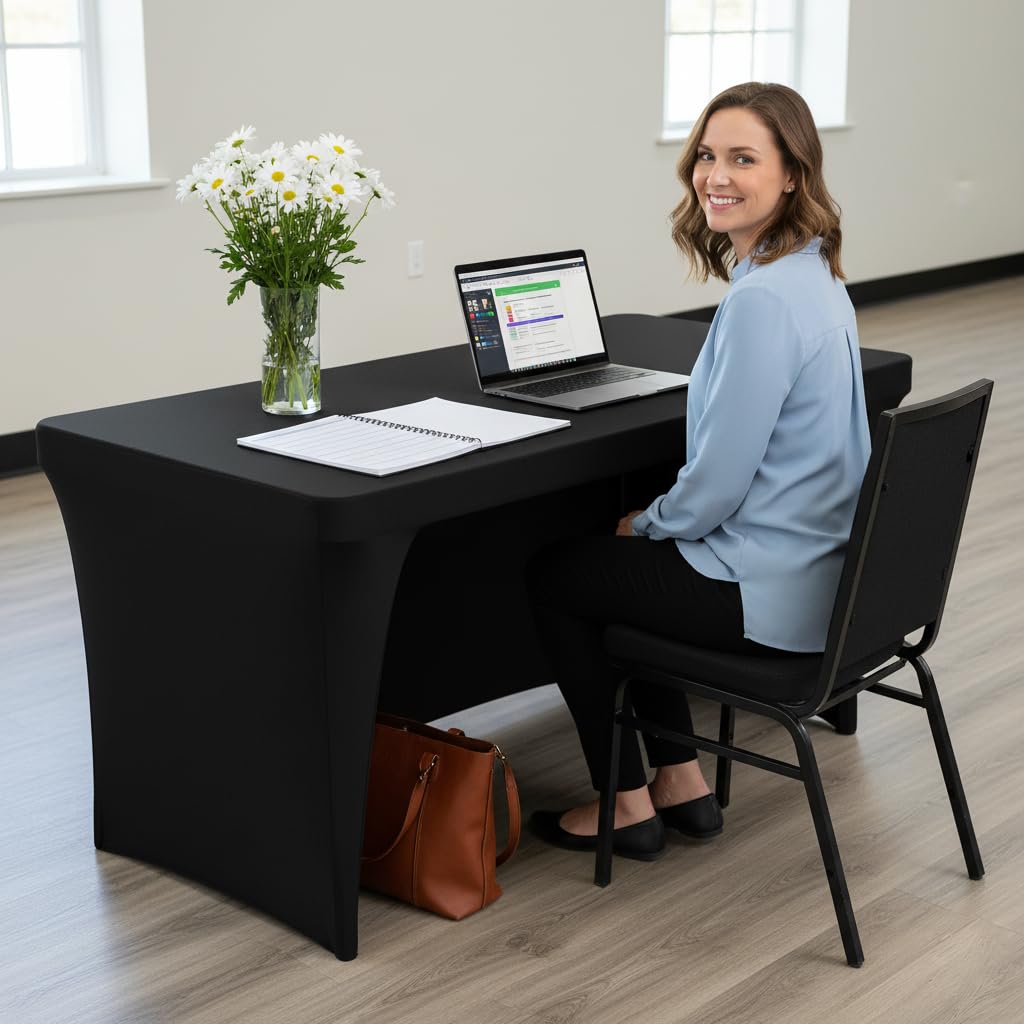 Nasitos 6 Pack Black Table Cloth 6 Foot-Spandex Fitted Tablecloth Rectangle Tables, Open Back Stretch Folding Trade Show