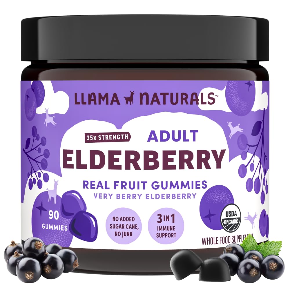 Llama Naturals Elderberry Gummies for Adults, Vegan, Organic Immune Support Supplement with Vitamin C and Zinc, Real Fruit Gummy Vitamins for Immunity, Chewable, No Added Sugar Cane, 90 Ct