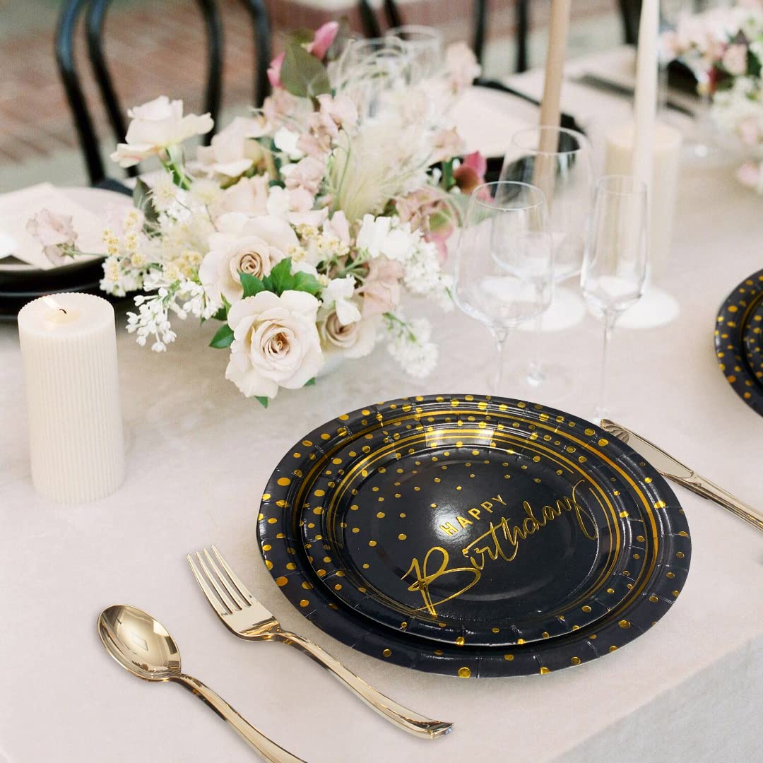 Tyzarglef 175PCS Happy Birthday Disposable Dinnerware Set Party Supplies, Paper Black Gold Plates and Napkins with Gold 
