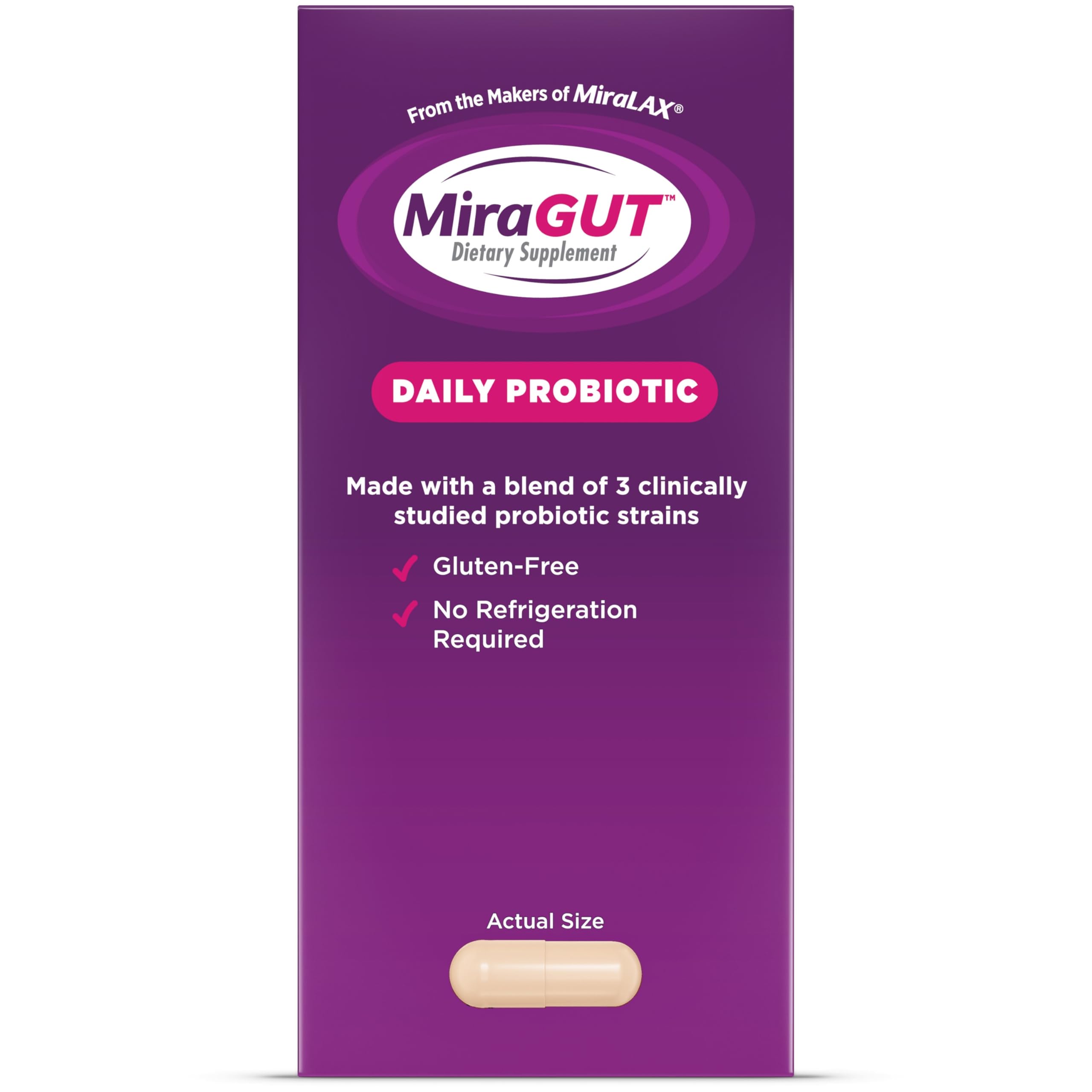 MiraGUT Daily Probiotic, from the Makers of MiraLAX, Probiotics for Digestive Health, Gluten-Free Supplement, Probiotic for Women and Men, Support Overall Digestive Health, 30 Ct