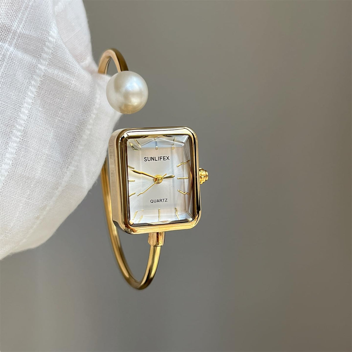 Gosasa Pearl Bangle Watch for Women, Gold Bracelet Watch with Square Easy Read Dial, Dainty Elegant Cuff Watch for Women