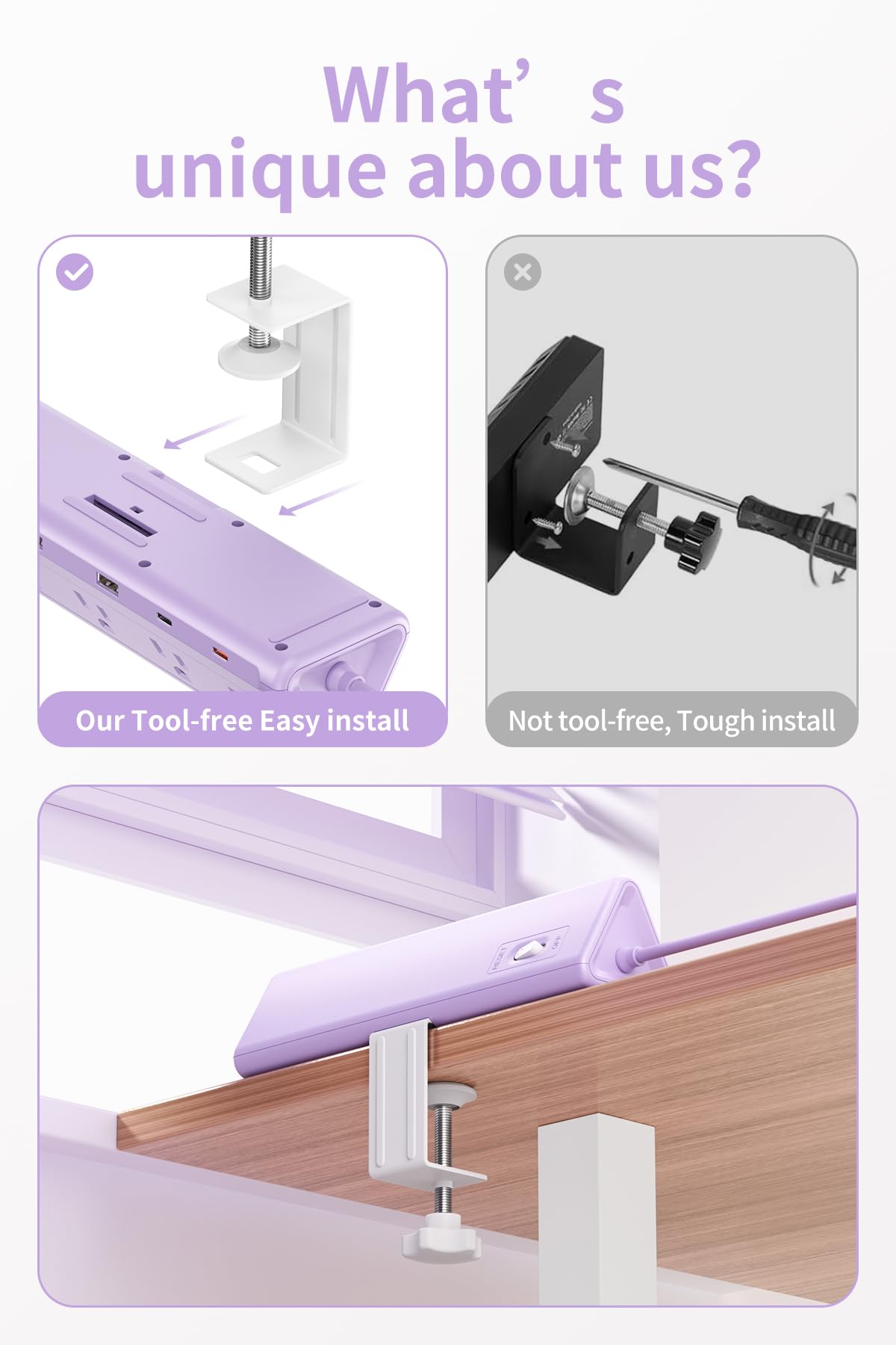 SMALLRT Purple Desk Clamp Power Strip with 6.5 FT Extension Cord, PD 40W USB-C Fast Charging Ports, 5 AC Outlets 4 USB-C