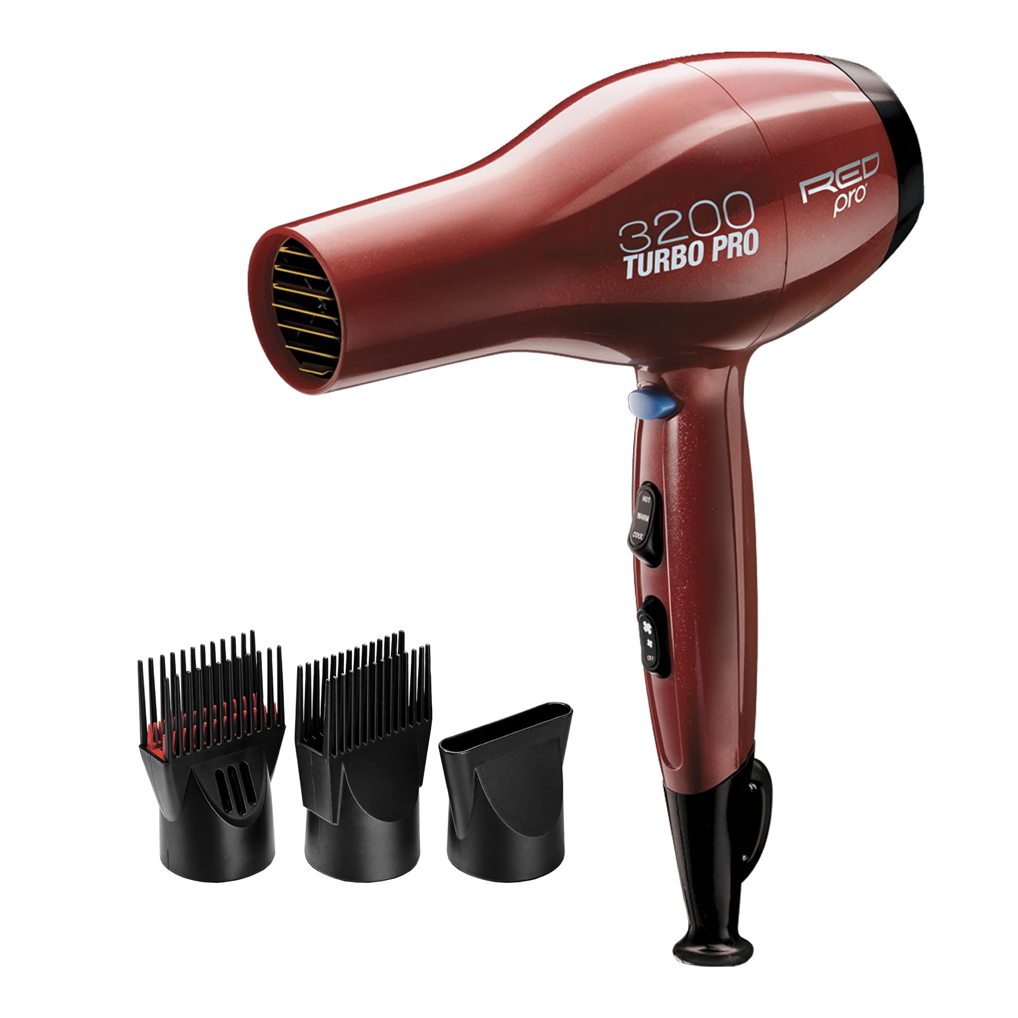 RED Pro 3200 Turbo Pro Detangler AC hair dryer with a sleek design and multiple heat settings.