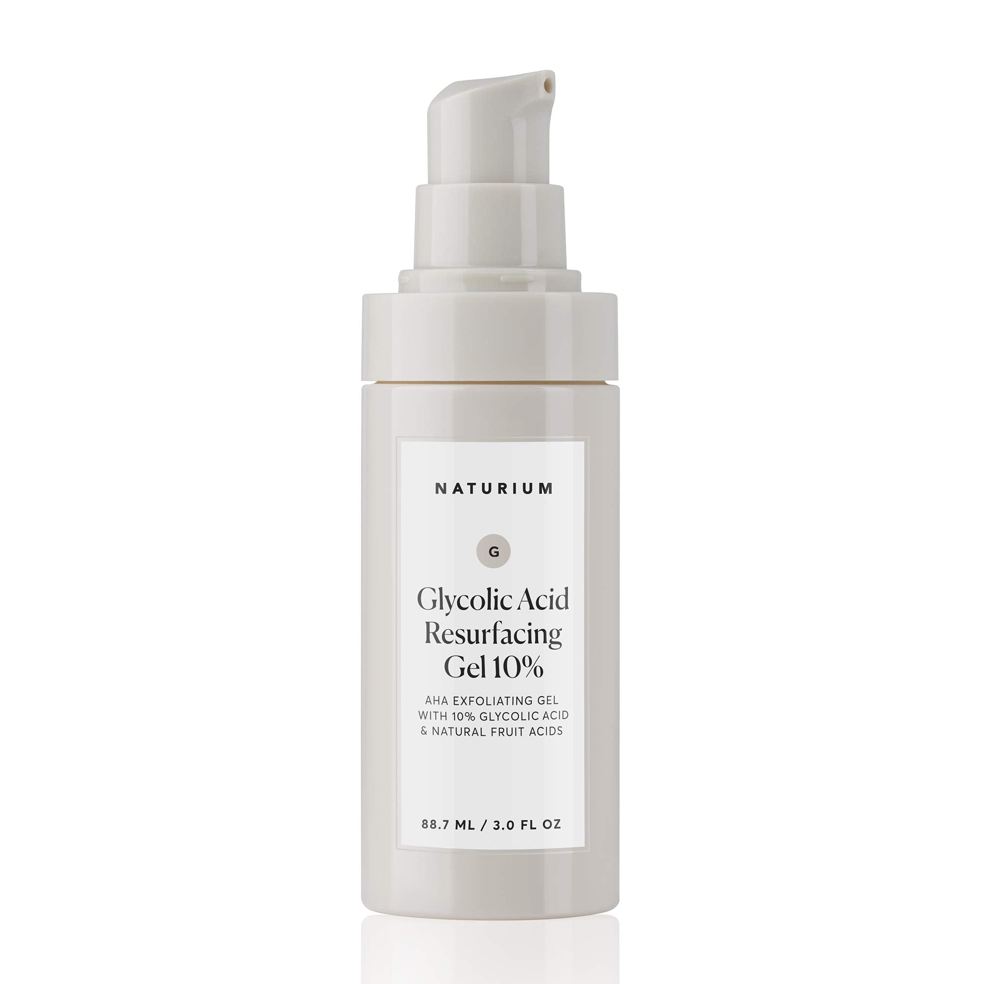 Naturium Glycolic Acid Resurfacing Gel with natural fruit acids, exfoliating skin treatment in a 3 oz tube.