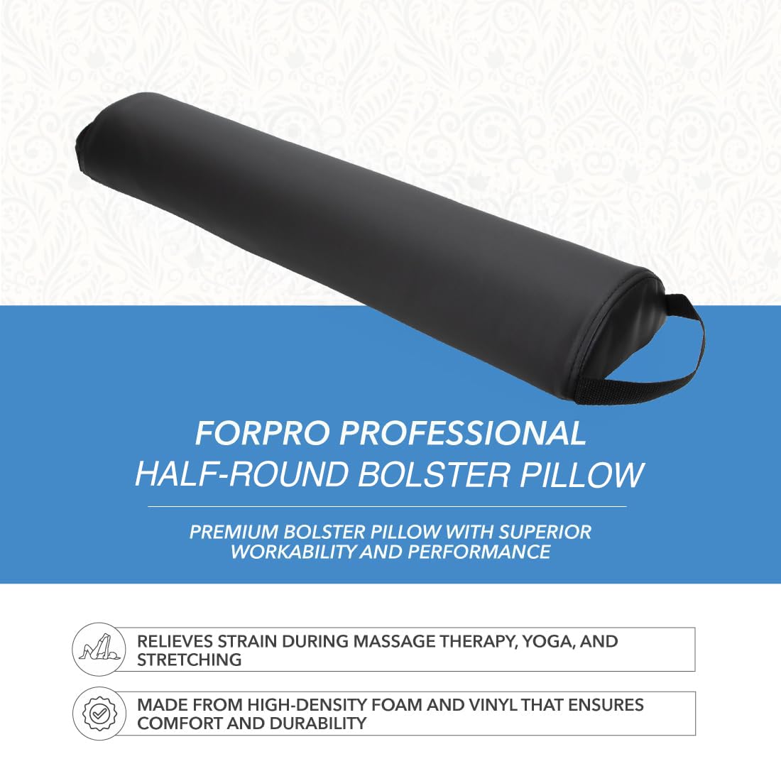 ForPro Premium Half-Round Bolster Pillow for Massage and Yoga, Oil and Stain-Resistant, 6”W x 3" H x 26”L, Black