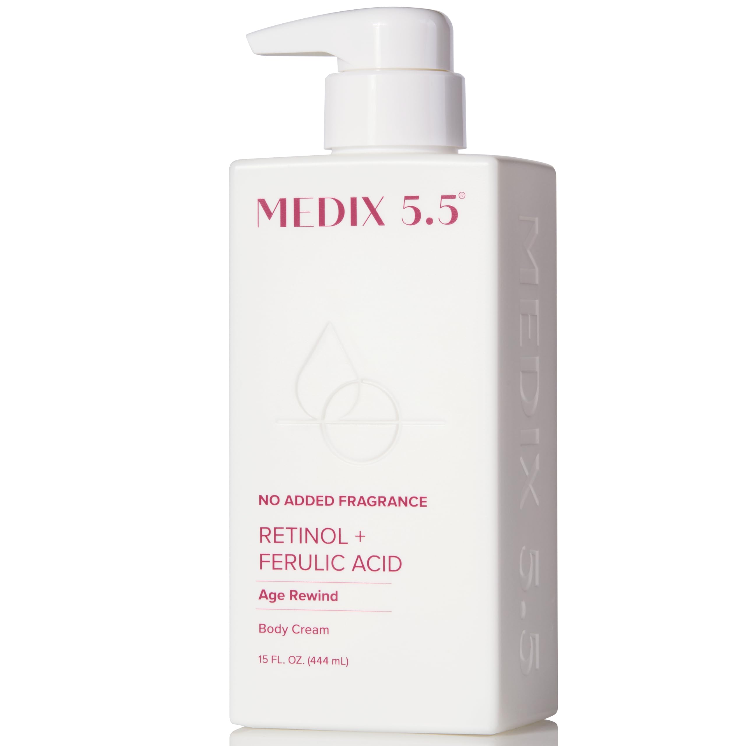 Medix 5.5 fragrance-free retinol face moisturizer and body lotion, with cream texture, targeting fine lines, wrinkles, and crepey skin.