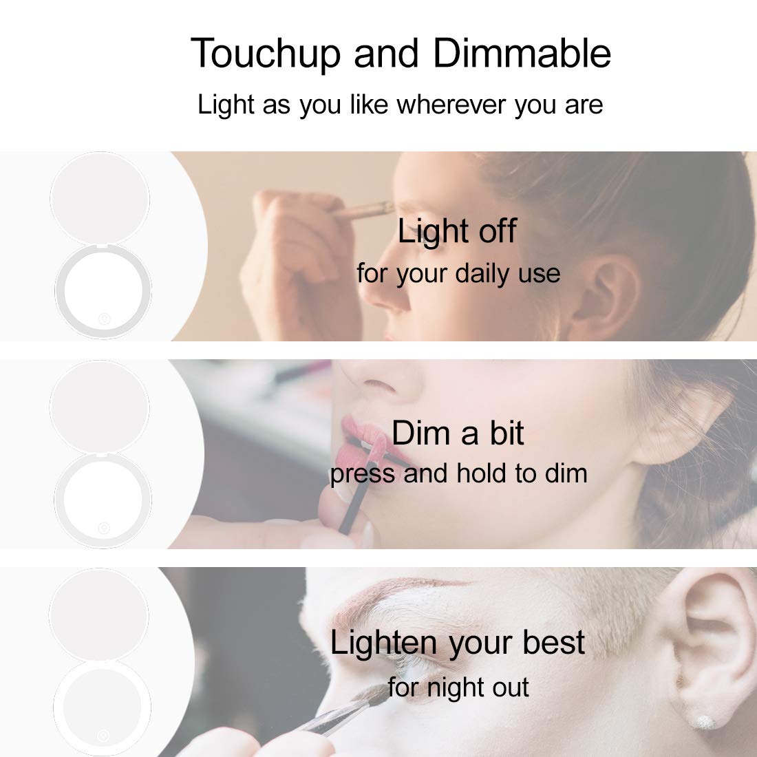 Milishow Compact Mirror with LED Light,1x/10x Magnifying Rechargeable Mirror,3.5in, Dimmable Travel Mirror for Purse,Poc