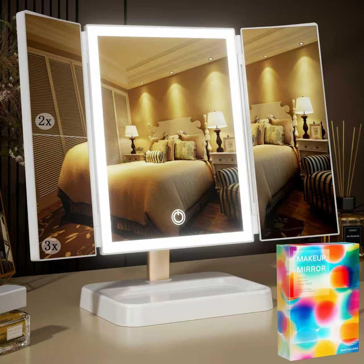 BERTHALESS Makeup Mirror Vanity Mirror with Lights, 1X 2X 3X Magnification – White, Acrylonitrile Butadiene Styrene (ABS