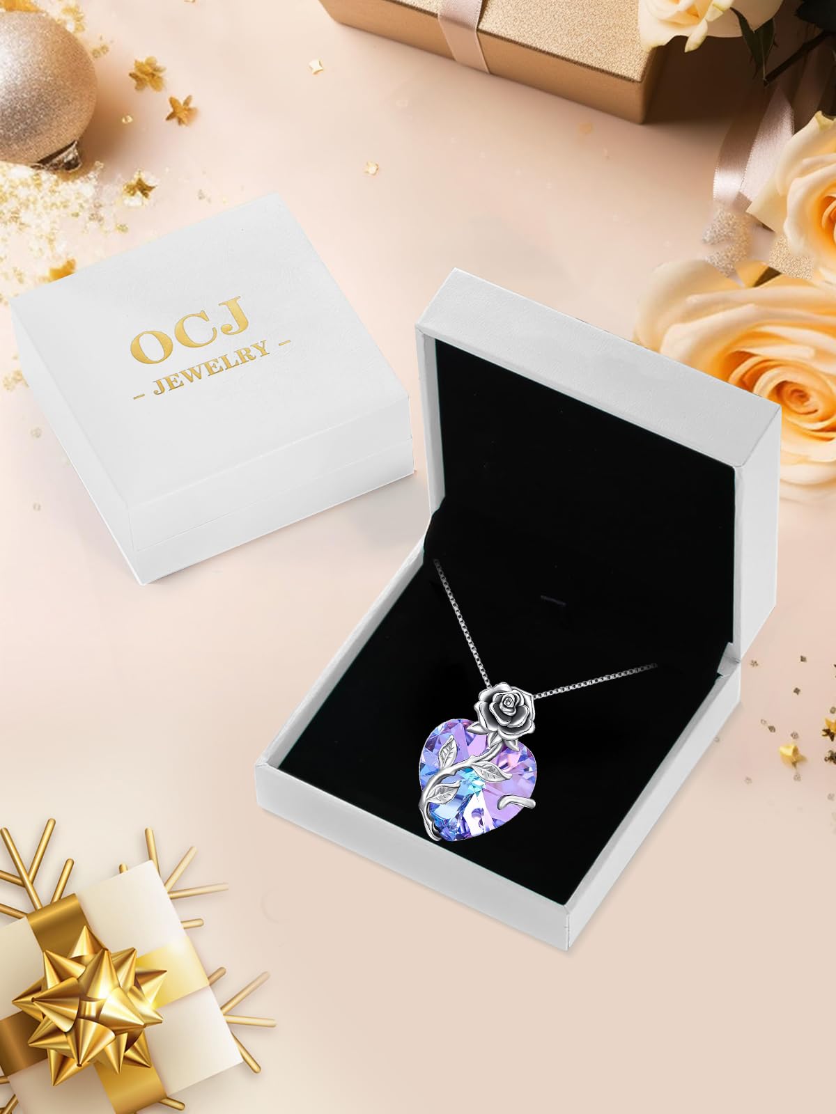 OCJ Birthstone Necklace for Women 925 Sterling Silver Rose Flower Heart Birthstones Pendant Necklace Fine Jewelry Annive