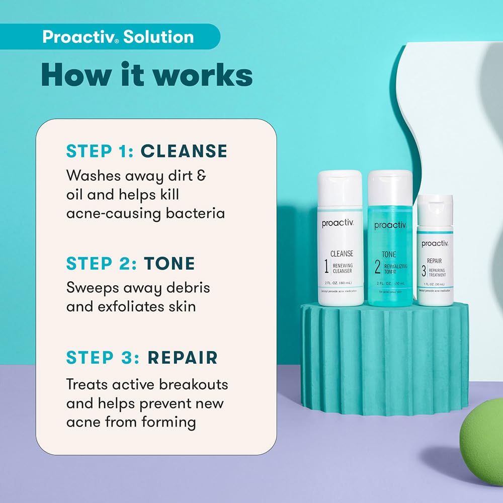 Proactiv 3-step acne treatment kit with cleanser, toner, and treatment gel for clear skin, 30-day starter set.
