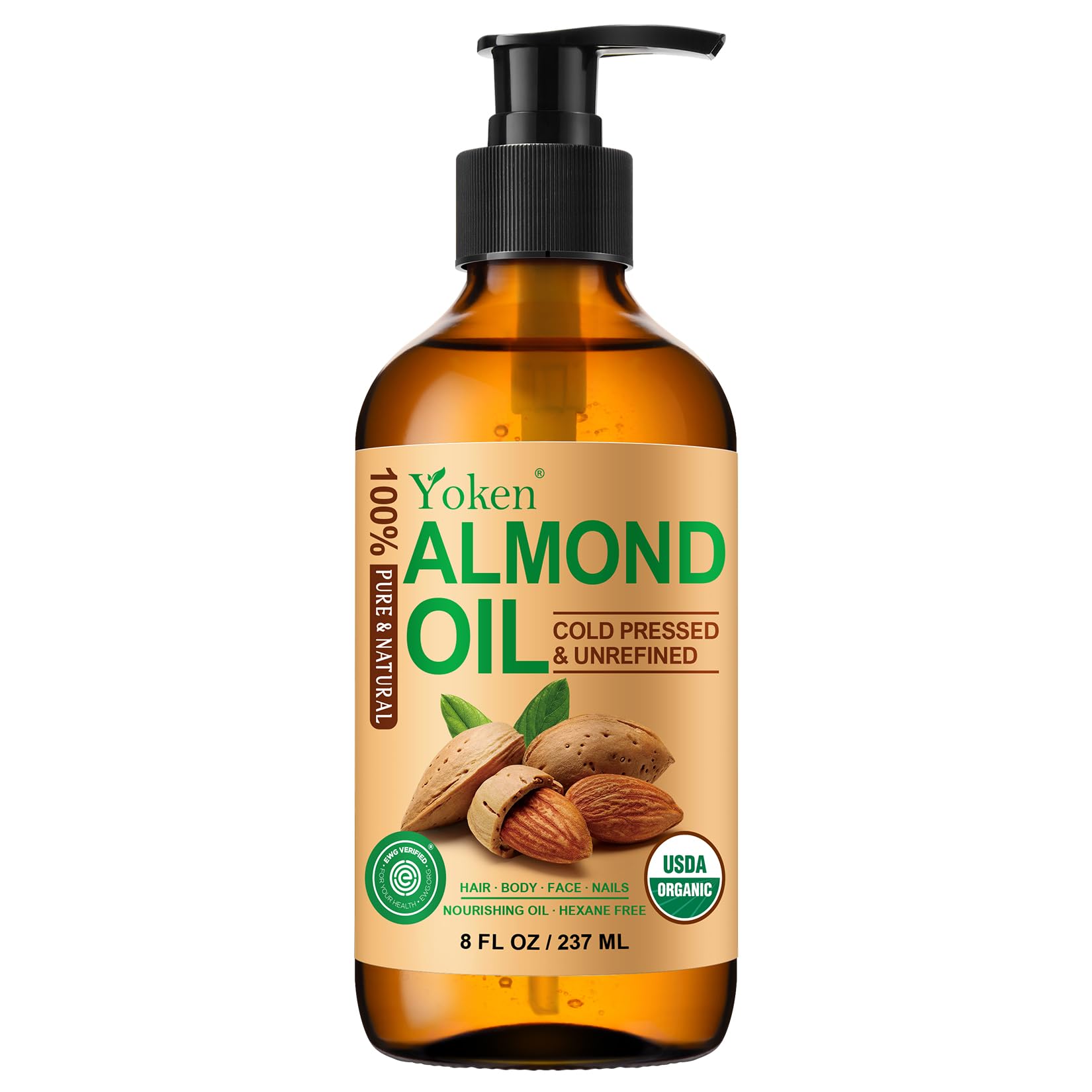 Yoken Organic Almond Oil 8 oz Glass Bottle, Cold Pressed for Skin & Hair
