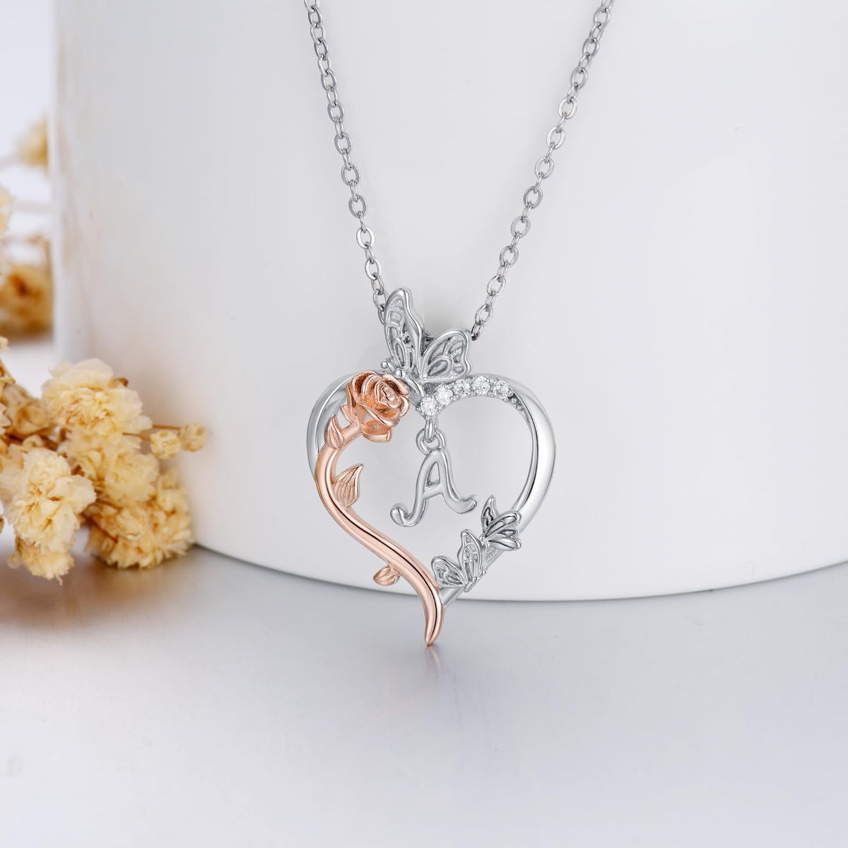 TOUPOP Gifts for Women Her 925 Sterling Silver Rose Heart Initial Necklace Butterfly Heart Jewelry Anniversary Birthday 