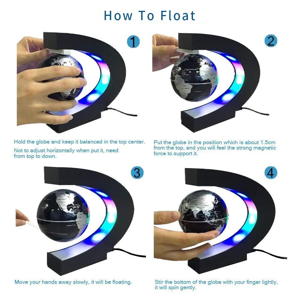 Senders Floating Globe with LED Lights C Shape Magnetic Levitation Floating Globe World Map for Desk Decoration (Black-S