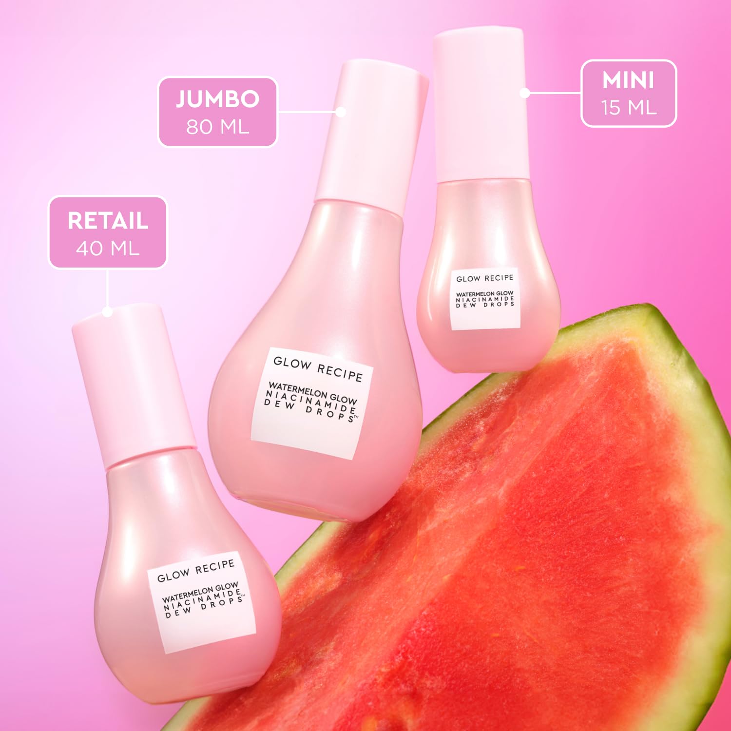 Glow Recipe Watermelon Niacinamide Dew Drops serum bottle, 80ml, with vibrant watermelon design and clear labeling.