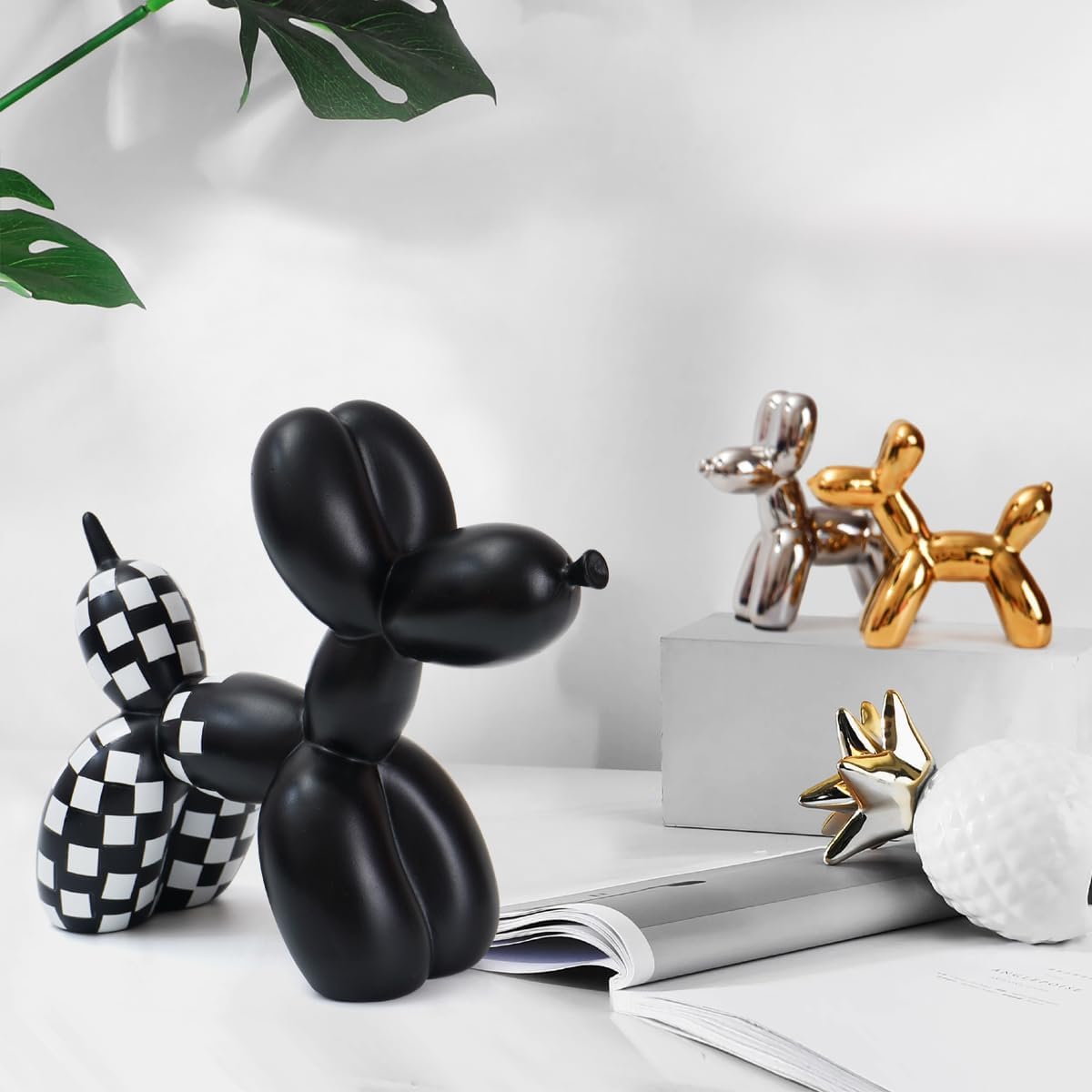 Notakia Black and White Checkered Racing Car Pattern Balloon Dog Statue Crafts Living Room Desktop Decorations,Handmade 