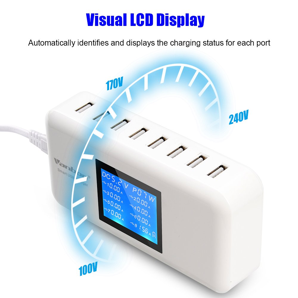 veebon 60W/12A 8-Port Desktop Charging Station Multiple USB, Multi Port Travel Fast Wall Charger Hub with LCD for Smart 