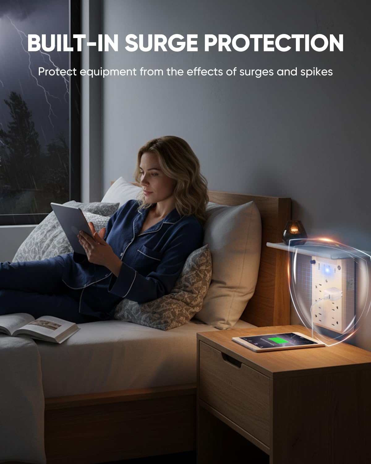 Saker Outlet Extender with Night Light, 6 AC, 4 USB, Surge Protector – packaging and label