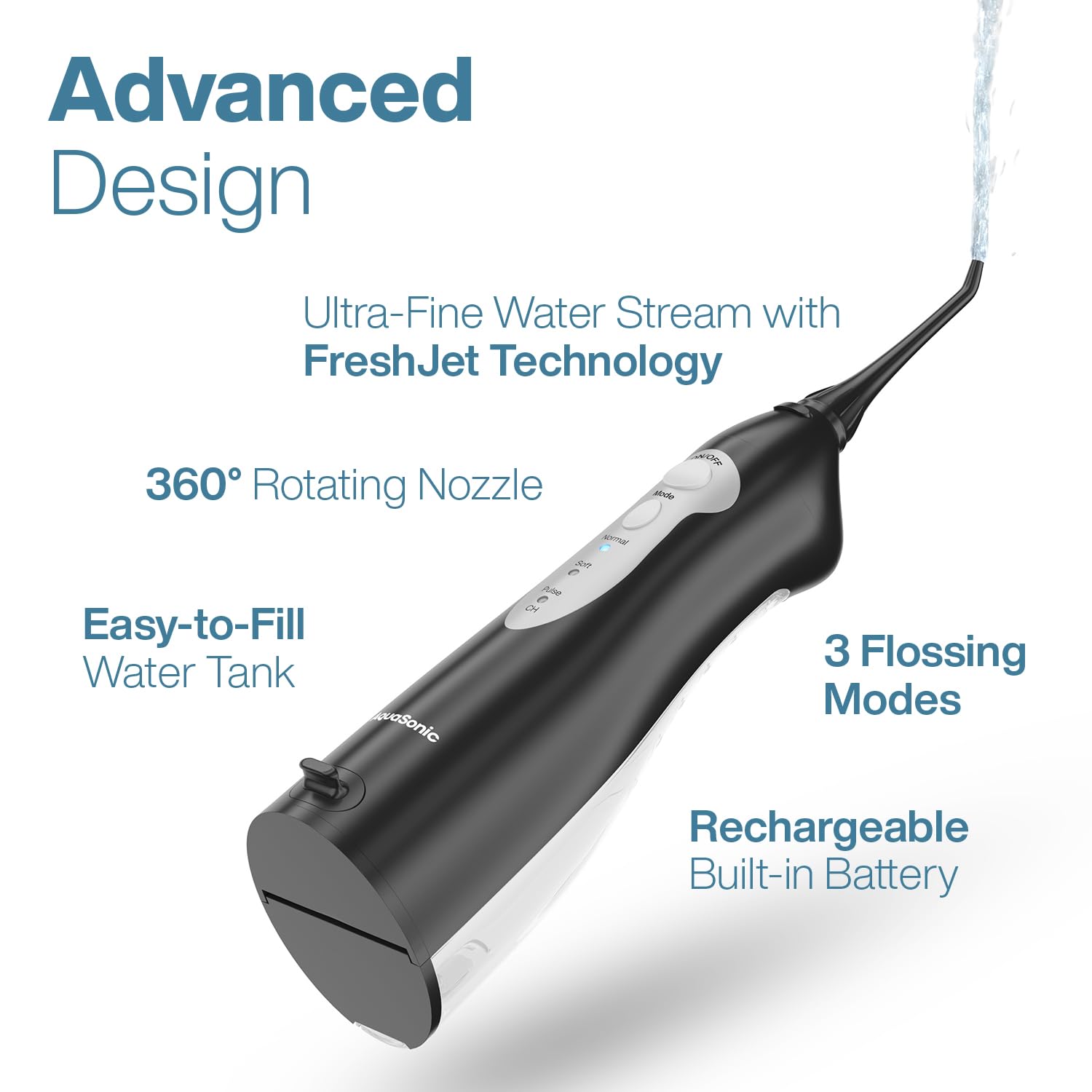 Cordless Aquasonic Aqua Flosser oral irrigator with water jet and adjustable settings for effective dental cleaning.