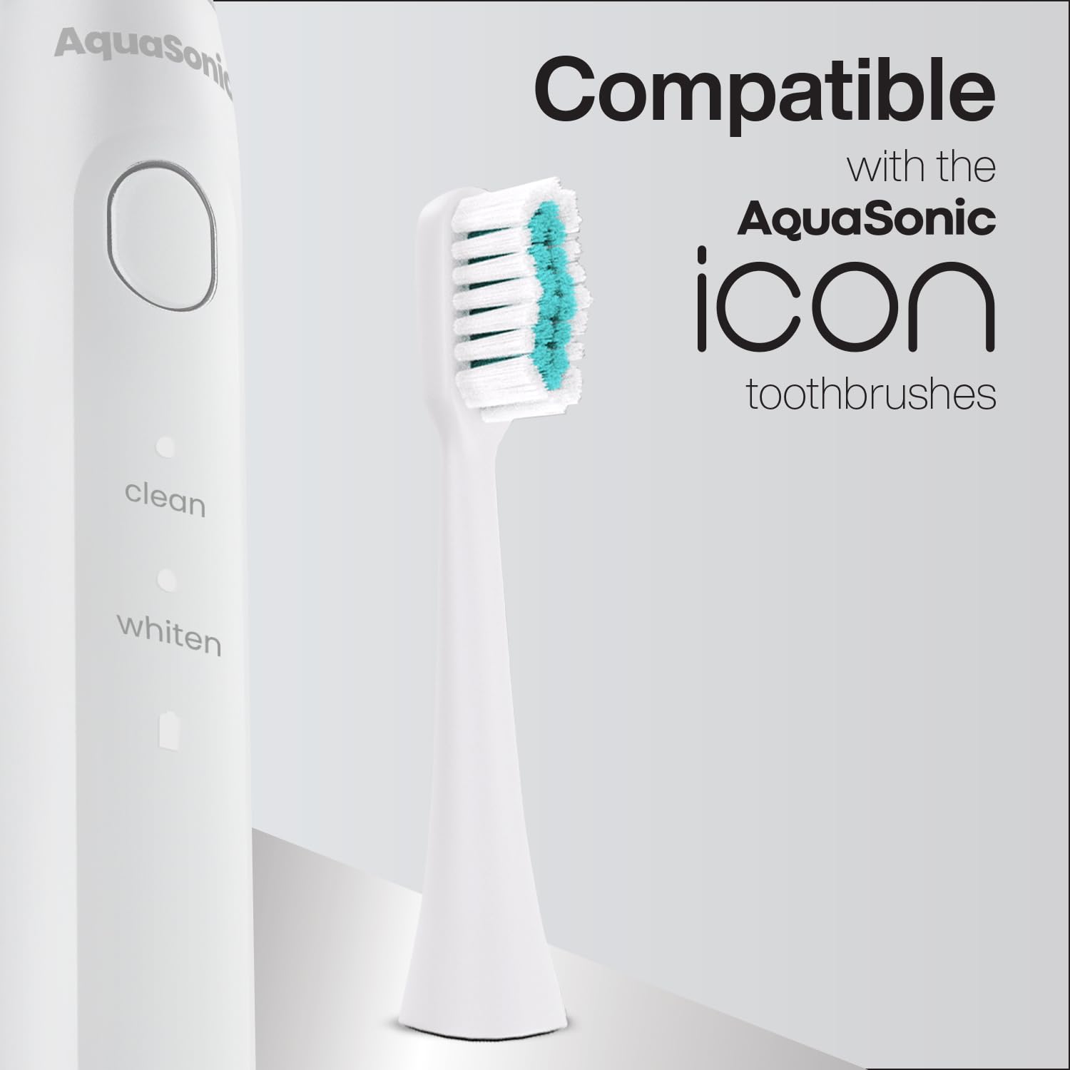 Aquasonic AquaSonic Icon replacement toothbrush heads in a 2-pack, featuring pearl-colored bristles for effective dental cleaning.